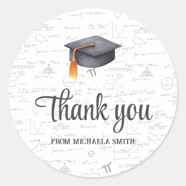 Math Black Graduation Cap Thank You Classic Round Sticker (Front)