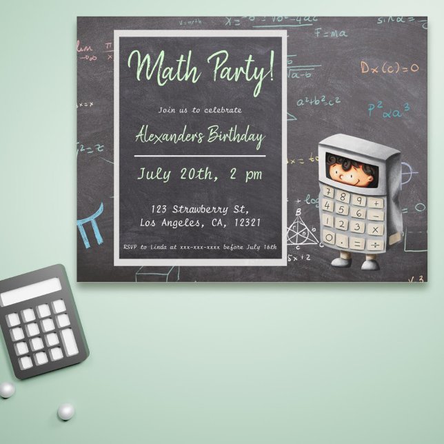 Math Black Illustrated Calculator Kid Invitation Postcard (Cute math birthday invitation postcard)