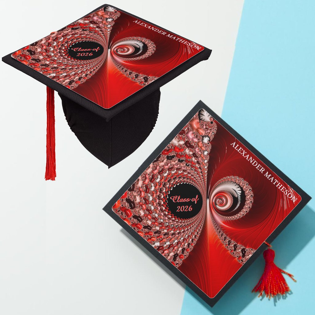 Math Inspired personalized Red Fractal Graduation Cap Topper