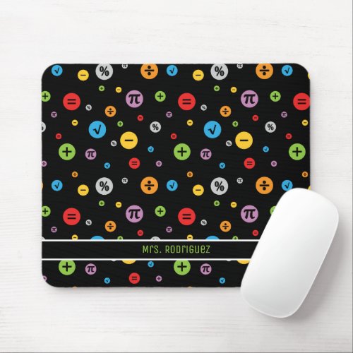 Math Symbols in Colorful Circles Pattern on Black Mouse Pad