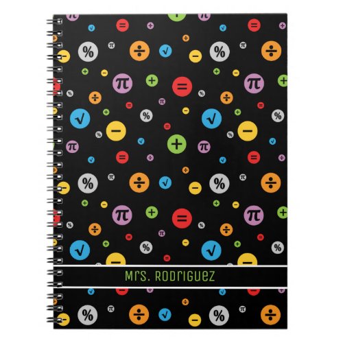 Math Symbols in Colorful Circles Pattern on Black Notebook