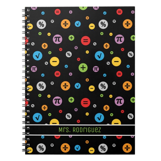 Math Symbols in Colorful Circles Pattern on Black Notebook (Front)