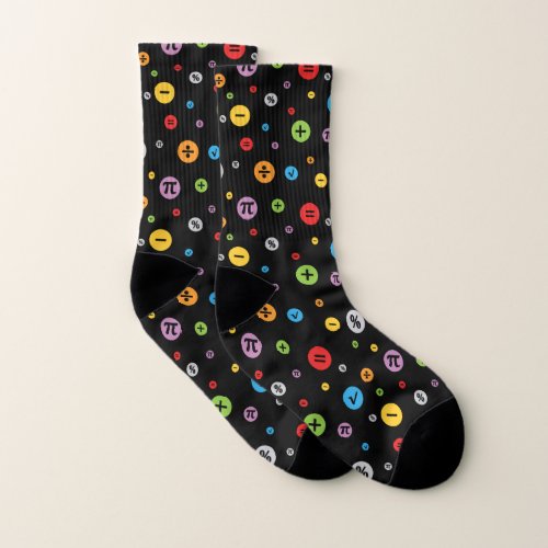 Math Symbols in Colorful Circles Pattern on Black Socks