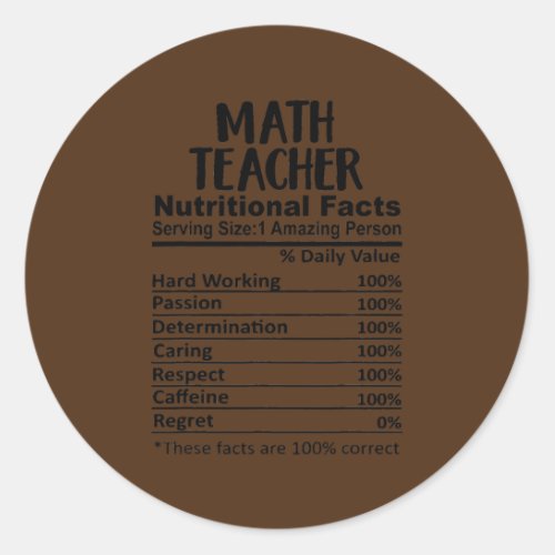 Math Teacher Nutrition Facts Funny  Classic Round Sticker