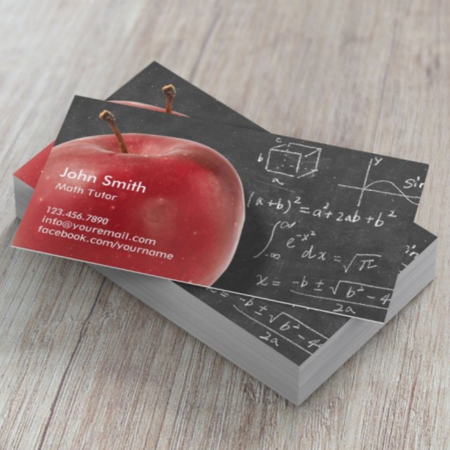Math Tutor Professional Red Apple & Chalkboard Business Card (Creator Uploaded)
