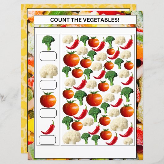 Math worksheet count the vegetables & fruits kids (Front/Back)