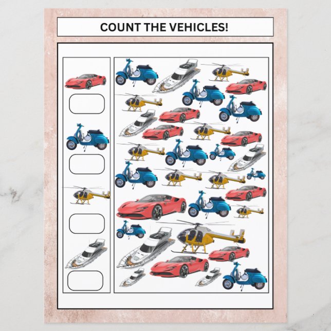 Math Worksheet Count the Vehicles & Animals Kids (Front)