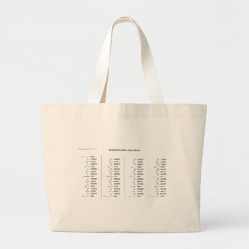 Mathematical Chart of Decimal Fraction Equivalents Large Tote Bag