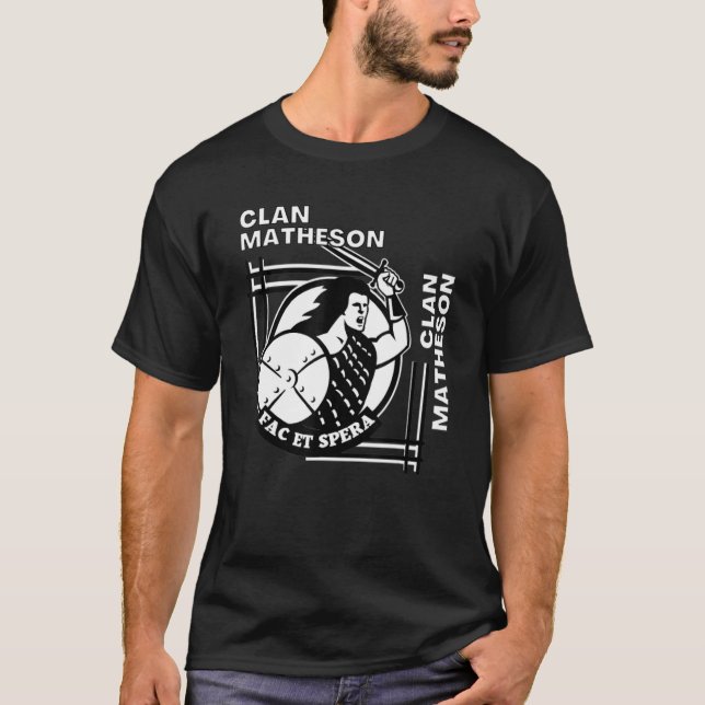 Matheson Clan Gaelic Motto Swordsman T-Shirt (Front)
