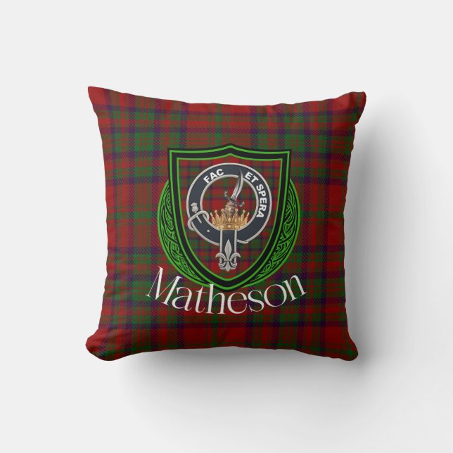 Matheson Scottish Clan Tartan & Crest Throw Pillow (Front)