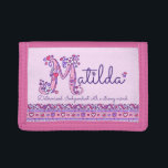 Matilda letter M name meaning doodle art Trifold Wallet<br><div class="desc">Pretty M monogram art name and meaning wallet purse in pink and purple. Personalize with your child's own name beginning with M, and short name meaning for a truly personalized touch, this example is for the name Matilda Determined. Independent with a strong mind. Other names available for requests please contact...</div>