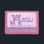 Matilda letter M name meaning doodle art Trifold Wallet<br><div class="desc">Pretty M monogram art name and meaning wallet purse in pink and purple. Personalize with your child's own name beginning with M, and short name meaning for a truly personalized touch, this example is for the name Matilda Determined. Independent with a strong mind. Other names available for requests please contact...</div>