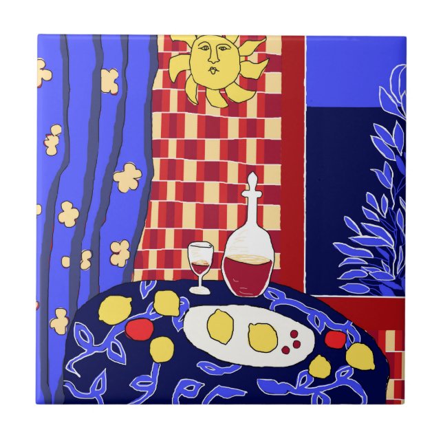 Matisse Inspired Blue Night Still Life Wine Lemons Ceramic Tile (Front)