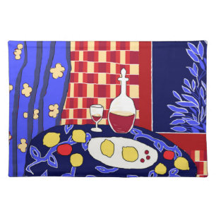 Matisse Inspired Blue Night Still Life Wine Lemons Cloth Placemat