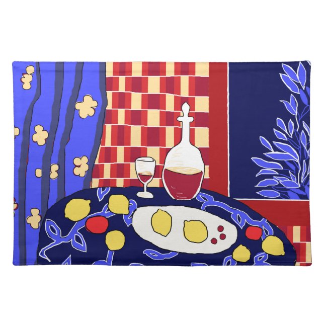 Matisse Inspired Blue Night Still Life Wine Lemons Cloth Placemat (Front)