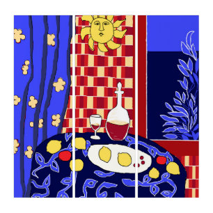 Matisse Inspired Blue Night Still Life Wine Lemons Triptych