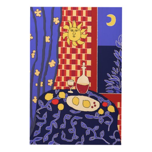 Matisse Inspired Blue Night Still Life Wine Lemons Wood Wall Art