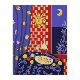 Matisse Inspired Blue Night Still Life Wine Lemons Wood Wall Art