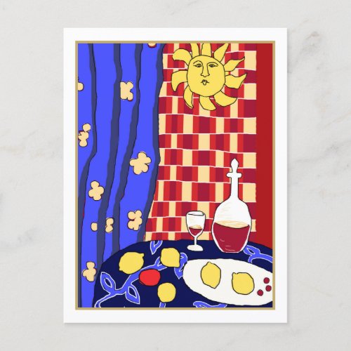 Matisse Inspired Blue Red Still Life Wine Lemons Postcard