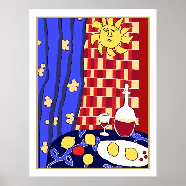 Matisse Inspired Blue Red Still Life Wine Lemons Poster (Front)