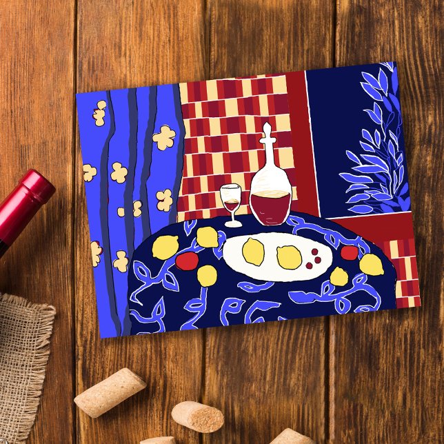 Matisse Inspired Blue Still Life Red Wine Lemons Postcard (Creator Uploaded)
