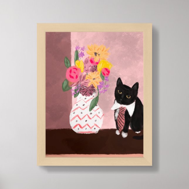 Matisse Inspired Floral Cat Wall Art (Framed Front)