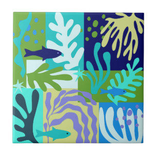 Matisse Inspired Ocean Life Paper Cutouts Aqua Ceramic Tile