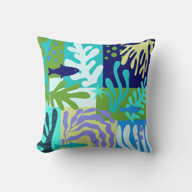 Matisse Inspired Ocean Life Paper Cutouts Aqua Throw Pillow (Front)