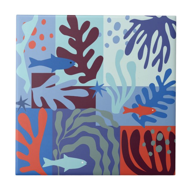 Matisse Inspired Ocean Life Paper Cutouts Blue Ceramic Tile (Front)