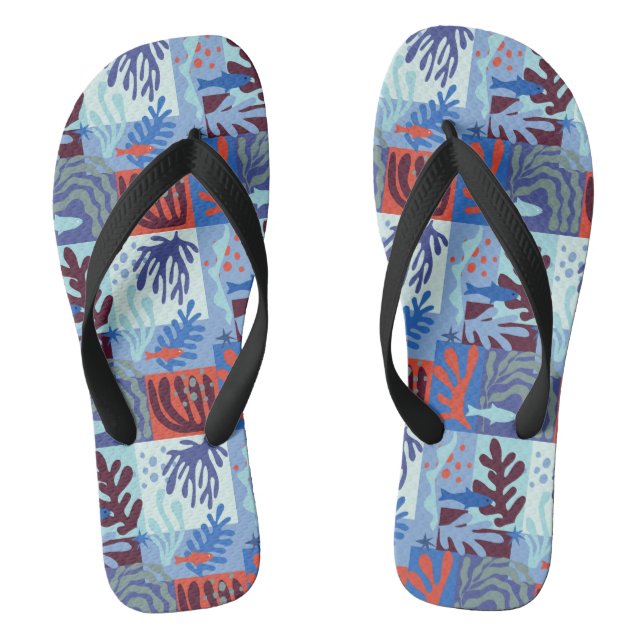 Matisse Inspired Ocean Life Paper Cutouts Blue Flip Flops (Footbed)