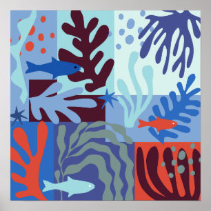 Matisse Inspired Ocean Life Paper Cutouts Blue Poster