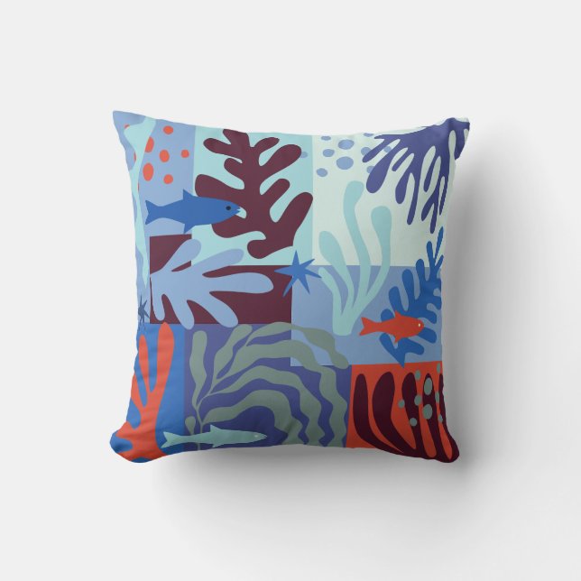 Matisse Inspired Ocean Life Paper Cutouts Blue Throw Pillow (Front)