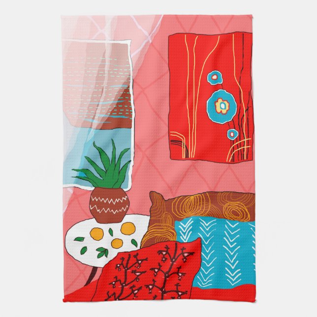 Matisse Inspired Red Room with Pillows Aloe Orange Kitchen Towel (Vertical)