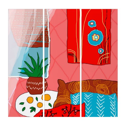 Matisse Inspired Red Room with Pillows Aloe Orange Triptych