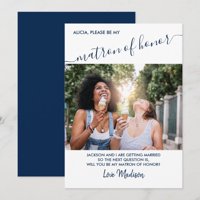 Matron of Honor Blue and White Photo Proposal Card (Front/Back)