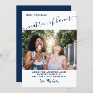 Matron of Honor Blue and White Photo Proposal Card