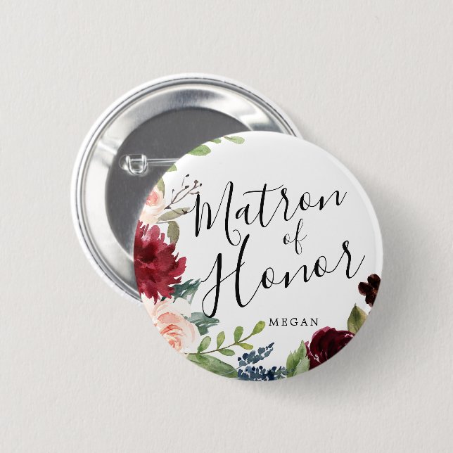 Matron of Honor Burgundy Bouquet Custom Wedding Button (Front & Back)