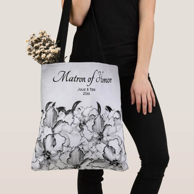 Matron of Honor Charcoal Floral w Bride Groom Date Tote Bag (Close Up)