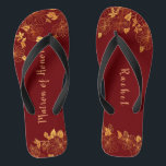 Matron of Honor Dark Burgundy Gold Foliage Pattern Flip Flops<br><div class="desc">These gorgeous dark burgundy and gold foliage pattern matron of honor flip flops has a dark burgundy background that is adorned with an intricate gold floral greenery pattern and customizable modern typography. The combination of the rich burgundy and the shimmering gold create an elegant and luxurious aesthetic. It's a beautiful...</div>