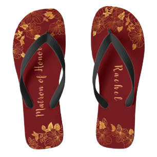 Matron of Honor Dark Burgundy Gold Foliage Pattern Flip Flops