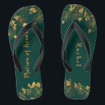 Matron of Honor Emerald Green & Gold Foliage  Flip Flops<br><div class="desc">These gorgeous emerald green and gold foliage matron of honor flip flops feature golden foliage pattern and modern typography on timeless dark green background. It's a beautiful gift for your bridal party. View the collection on this page to find matching items. ♥Customize it with your information. ♥ If you want...</div>