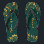 Matron of Honor Emerald Green & Gold Foliage  Flip Flops<br><div class="desc">These gorgeous emerald green and gold foliage matron of honor flip flops feature golden foliage pattern and modern typography on timeless dark green background. It's a beautiful gift for your bridal party. View the collection on this page to find matching items. ♥Customize it with your information. ♥ If you want...</div>
