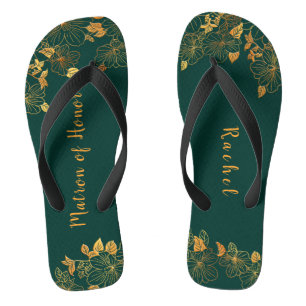 Matron of Honor Emerald Green & Gold Foliage Flip Flops