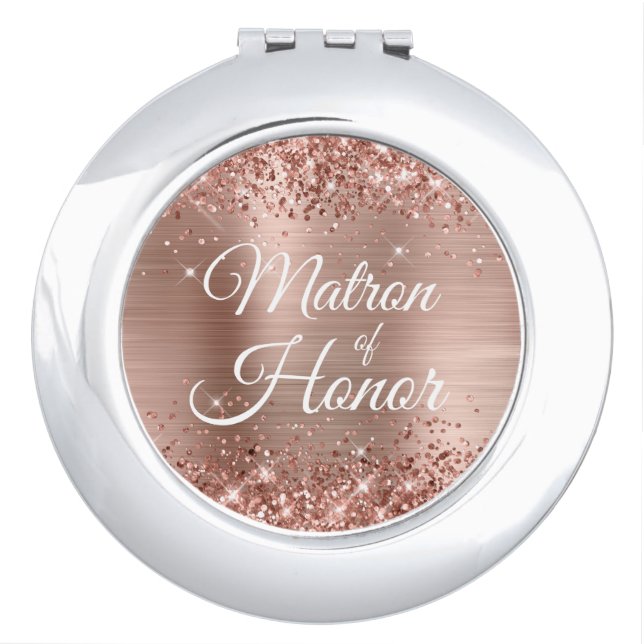 Matron of Honor Glittery Rose Gold Foil Compact Mirror (Front)