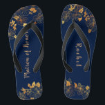 Matron of Honor Gold Foliage Pattern Navy Blue Flip Flops<br><div class="desc">These gorgeous gold foliage pattern navy blue matron of honor flip flops has a dark blue background that is adorned with an intricate gold floral greenery pattern and customizable modern typography. The combination of the rich navy and the shimmering gold create an elegant and luxurious aesthetic. It's a beautiful gift...</div>