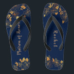 Matron of Honor Gold Foliage Pattern Navy Blue Flip Flops<br><div class="desc">These gorgeous gold foliage pattern navy blue matron of honor flip flops has a dark blue background that is adorned with an intricate gold floral greenery pattern and customizable modern typography. The combination of the rich navy and the shimmering gold create an elegant and luxurious aesthetic. It's a beautiful gift...</div>