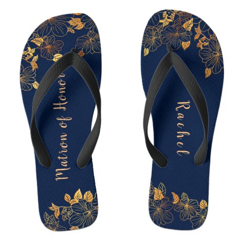 Matron of Honor Gold Foliage Pattern Navy Blue Flip Flops