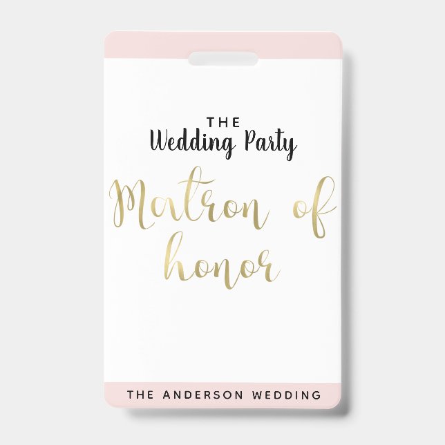 Matron of Honor Gold Wedding Party VIP Pass Badge (Front)