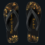 Matron of Honor Luxury Black Gold Foliage Pattern Flip Flops<br><div class="desc">These gorgeous black and gold foliage pattern matron of honor flip flops boasts a luxurious black and gold palette, with a stunning golden floral pattern and modern typography set against a black background, exuding elegance and sophistication. It's a beautiful gift for your bridal party. View the collection on this page...</div>