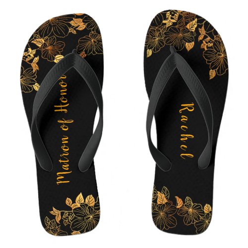 Matron of Honor Luxury Black Gold Foliage Pattern Flip Flops